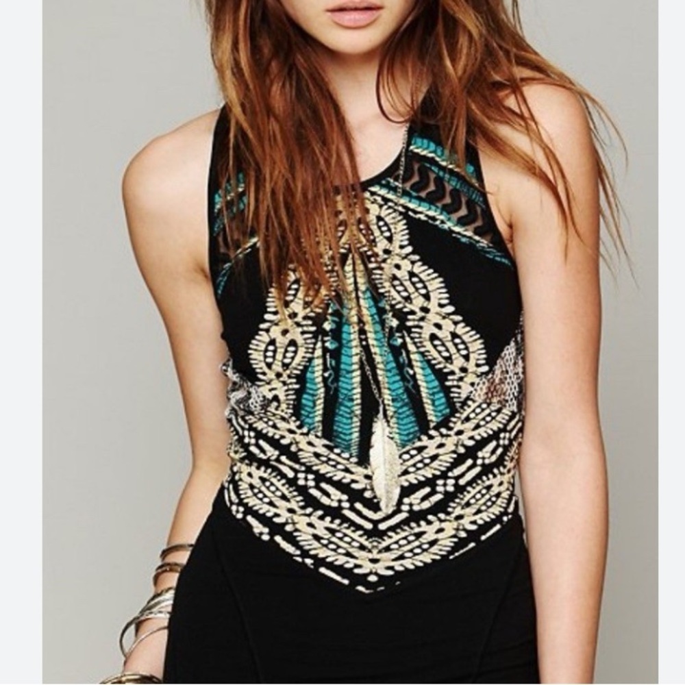 Free People Black sleeveless shirt tank Turquoise Cream cut out size XS